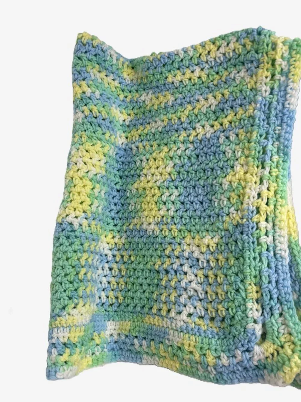 Handmade Crochet Baby Blanket Blue Green Yellow White Grandmacore Nursery Throw